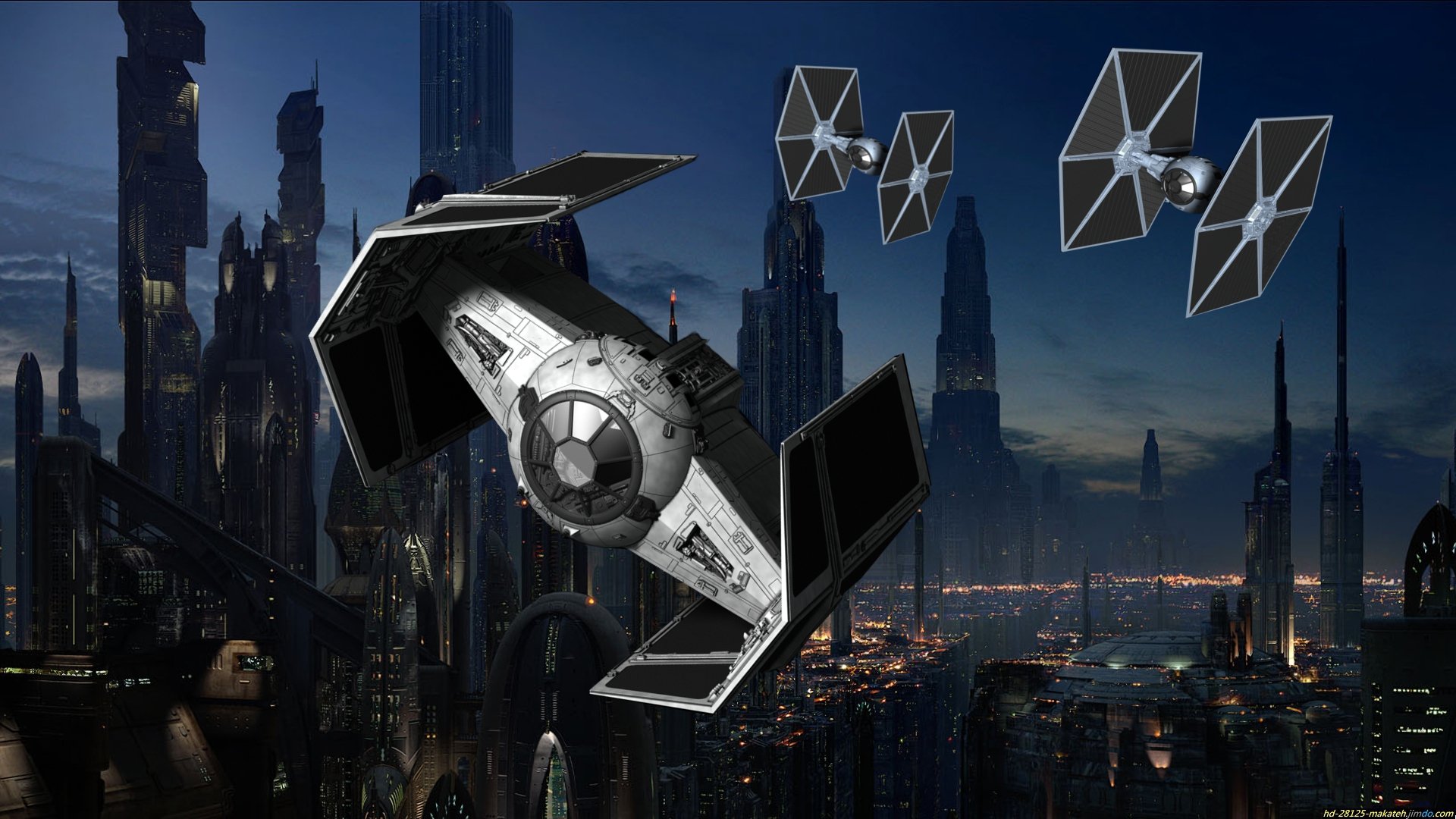 A TIE Fighter and other ships soar above a futuristic cityscape, with a moon visible in space, creating a captivating Sci-Fi scene inspired by Star Wars.