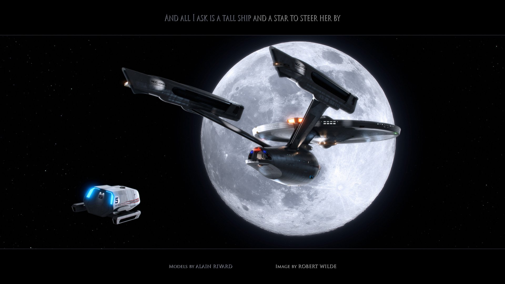 Star Trek sci-fi 4K Ultra HD PC desktop wallpaper: a Federation starship and shuttle fly before a full moon against a starfield.