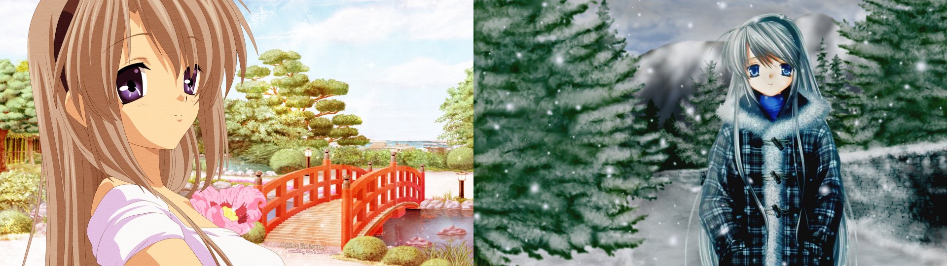 Anime-style HD PC desktop wallpaper from Clannad featuring a vibrant red bridge over water on one side and snow-covered evergreen trees on the other.