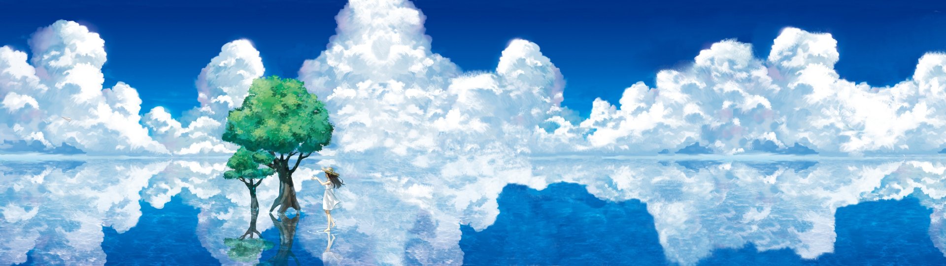 A serene anime landscape featuring a girl by a tree, reflecting tranquil skies and fluffy clouds on still water. This HD wallpaper captures a peaceful, dreamlike atmosphere.