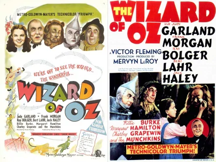 HD PC desktop wallpaper background: vintage 1939 The Wizard of Oz movie poster featuring bold title lettering, colorful character portraits and cast credits.