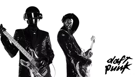 HD PC desktop wallpaper featuring Daft Punk in black suits and helmets, holding guitars, set against a white background with the Daft Punk logo.