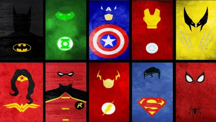 A vibrant HD collage featuring iconic superhero symbols, including Wolverine, Spider-Man, Superman, Flash, Robin, Wonder Woman, Iron Man, Captain America, Green Lantern, and Batman.