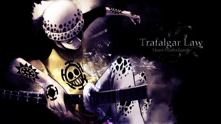 HD desktop wallpaper featuring the anime character Trafalgar Law from One Piece, showcasing his iconic hat, tattoos, and sword with dark, dramatic lighting as a background.