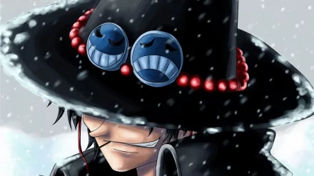 HD desktop wallpaper featuring Portgas D. Ace from the anime One Piece, depicted with a snow-covered hat adorned with two blue smiley face buttons and a red bead band.