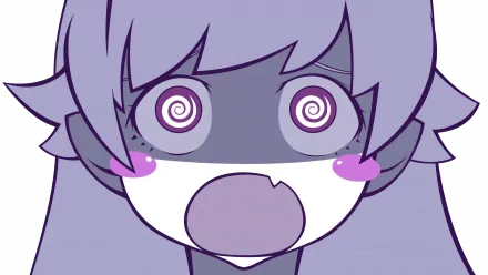 HD PC desktop wallpaper featuring an anime-style close-up of Shinobu Oshino from the Monogatari series with a hypnotized expression and swirling eyes.