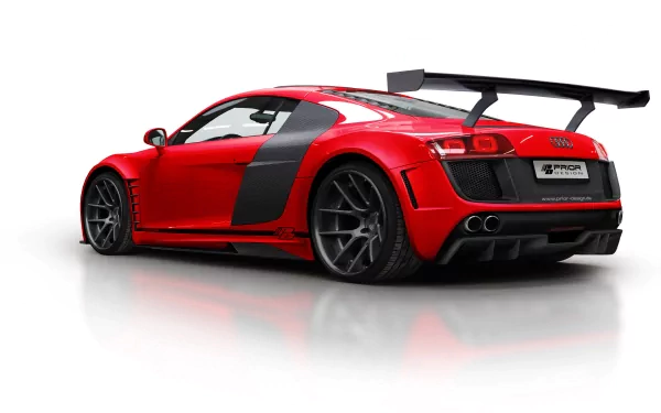 HD PC desktop wallpaper featuring a red Audi R8 GT 850 with black accents, showcasing its sleek design and large rear spoiler on a white reflective surface.