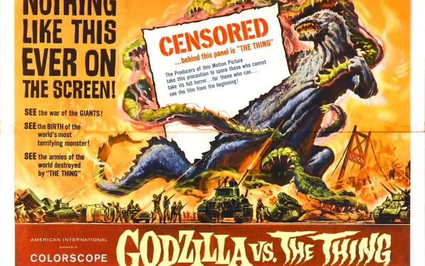 Vintage movie poster Godzilla vs. the Thing rendered as a 2K Quad HD PC desktop wallpaper and background, showing Godzilla battling a monstrous creature over a city and bridge.