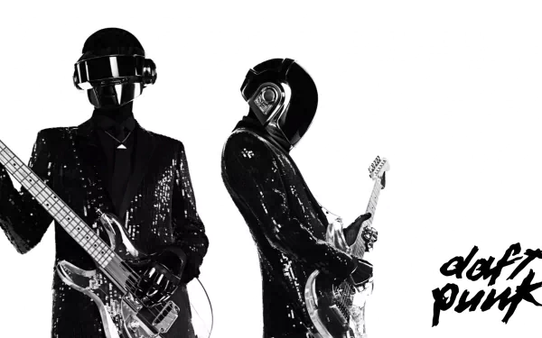 HD PC desktop wallpaper featuring Daft Punk in black suits and helmets, holding guitars, set against a white background with the Daft Punk logo.