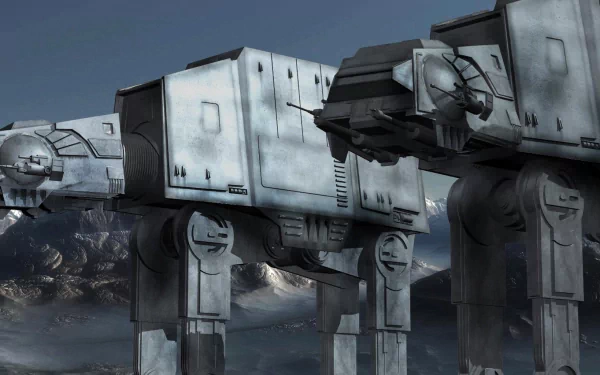 HD PC desktop wallpaper featuring detailed AT-AT Walkers from Star Wars in a sci-fi setting with mountains and a dark, moody sky background.