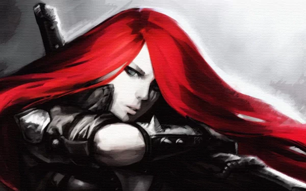HD PC desktop wallpaper featuring Katarina from the video game League of Legends with striking red hair and a focused expression.