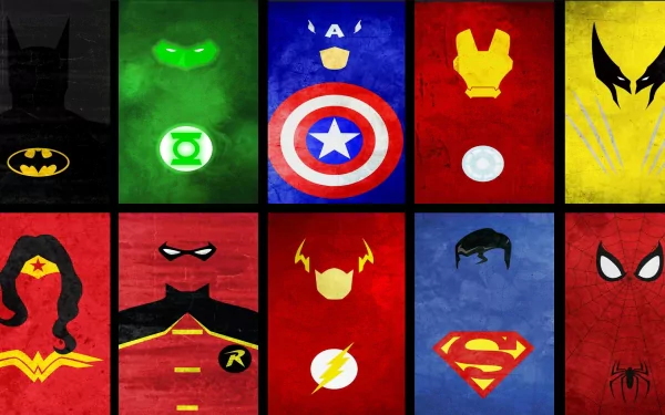 A vibrant HD collage featuring iconic superhero symbols, including Wolverine, Spider-Man, Superman, Flash, Robin, Wonder Woman, Iron Man, Captain America, Green Lantern, and Batman.