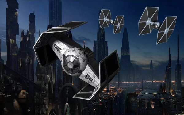 A TIE Fighter and other ships soar above a futuristic cityscape, with a moon visible in space, creating a captivating Sci-Fi scene inspired by Star Wars.