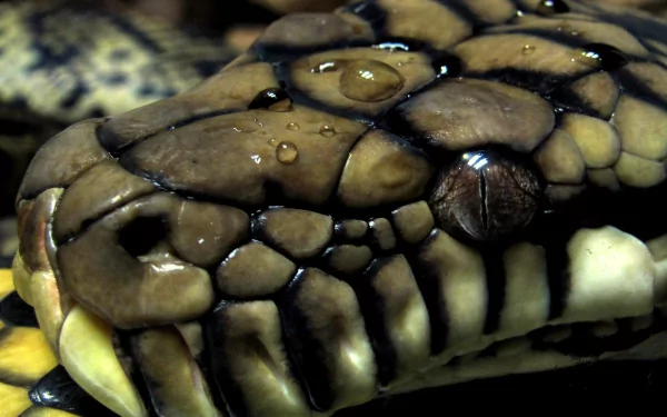 Close-up of a python's scaly head with water droplets and a visible eye; high-detail 2K Quad HD PC desktop wallpaper background.