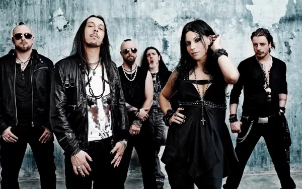 HD PC desktop wallpaper tagged music, lacuna coil — six gothic rock musicians pose before a cracked concrete wall, frontwoman in black leather standing center.