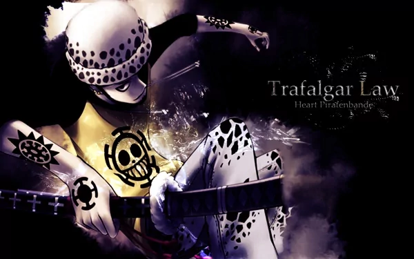 HD desktop wallpaper featuring the anime character Trafalgar Law from One Piece, showcasing his iconic hat, tattoos, and sword with dark, dramatic lighting as a background.