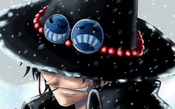 HD desktop wallpaper featuring Portgas D. Ace from the anime One Piece, depicted with a snow-covered hat adorned with two blue smiley face buttons and a red bead band.
