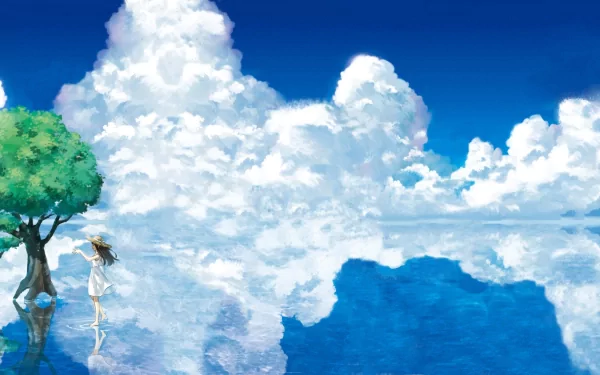 A serene anime landscape featuring a girl by a tree, reflecting tranquil skies and fluffy clouds on still water. This HD wallpaper captures a peaceful, dreamlike atmosphere.