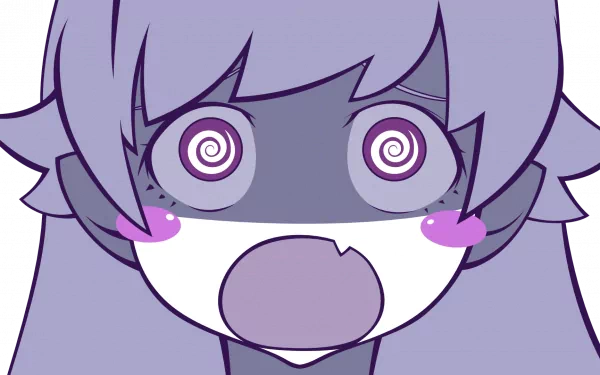 HD PC desktop wallpaper featuring an anime-style close-up of Shinobu Oshino from the Monogatari series with a hypnotized expression and swirling eyes.