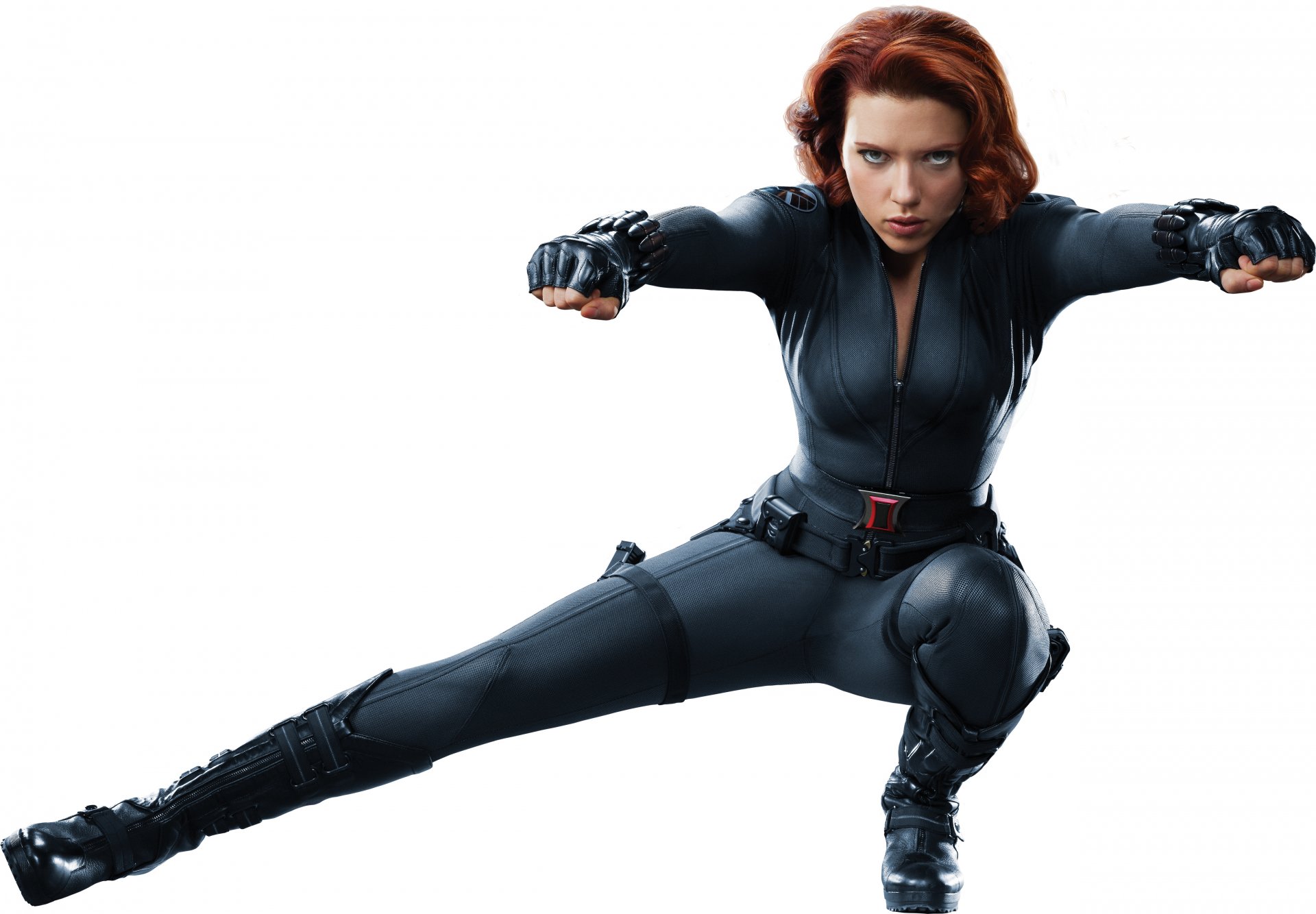 HD desktop wallpaper featuring Black Widow, portrayed by Scarlett Johansson, in action from the movie The Avengers. The character is striking a combat pose in her iconic black suit against a white background.