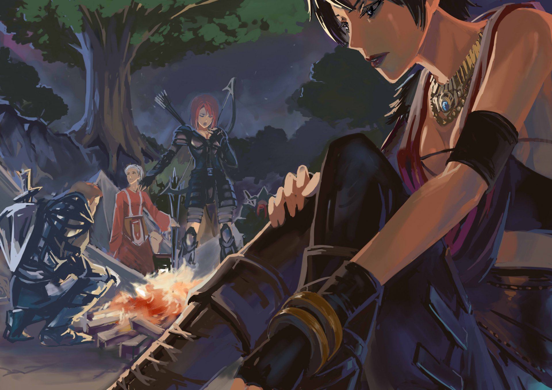 Video game Dragon Age: Origins 2K Quad HD PC desktop wallpaper and background showing a stylized party of adventurers gathered around a campfire under trees at night.