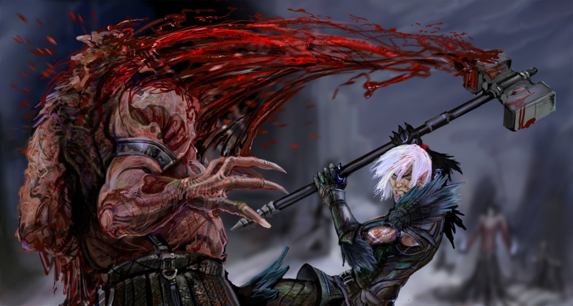 HD PC desktop wallpaper for the video game Dragon Age II: white‑haired warrior swings a warhammer, striking a hulking, blood-spurting monster amid a dark, snowy battlefield.