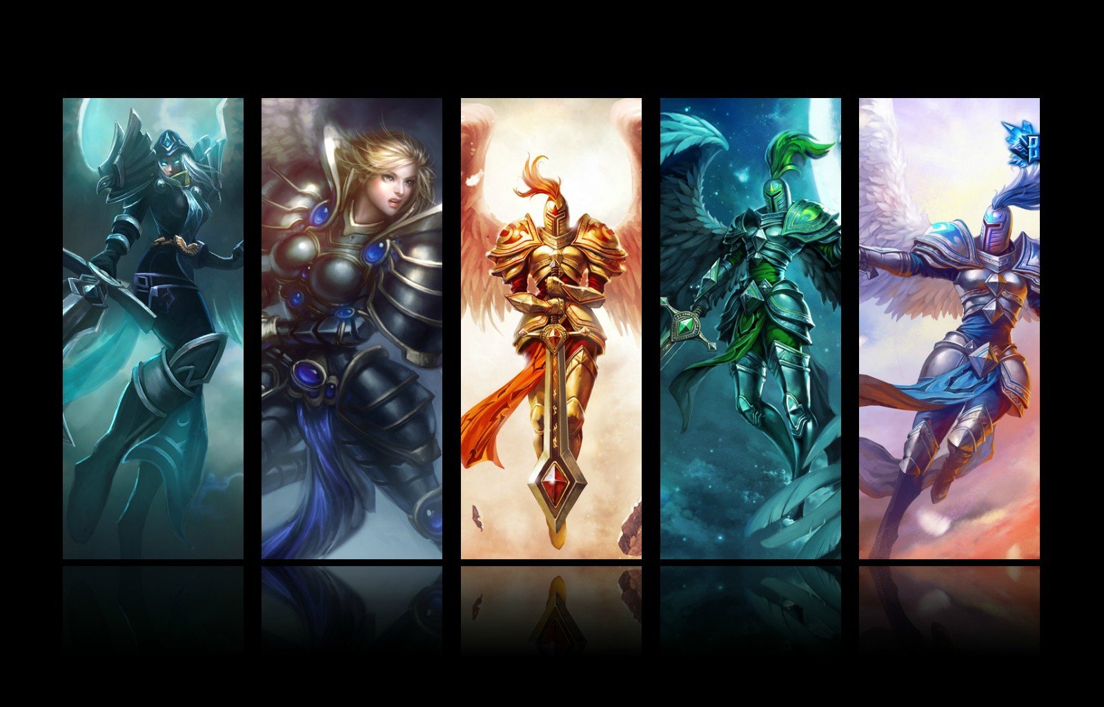 HD PC wallpaper showing five vertical panels of Kayle (League of Legends) in varied armors and winged poses, colorful video game artwork and desktop background.