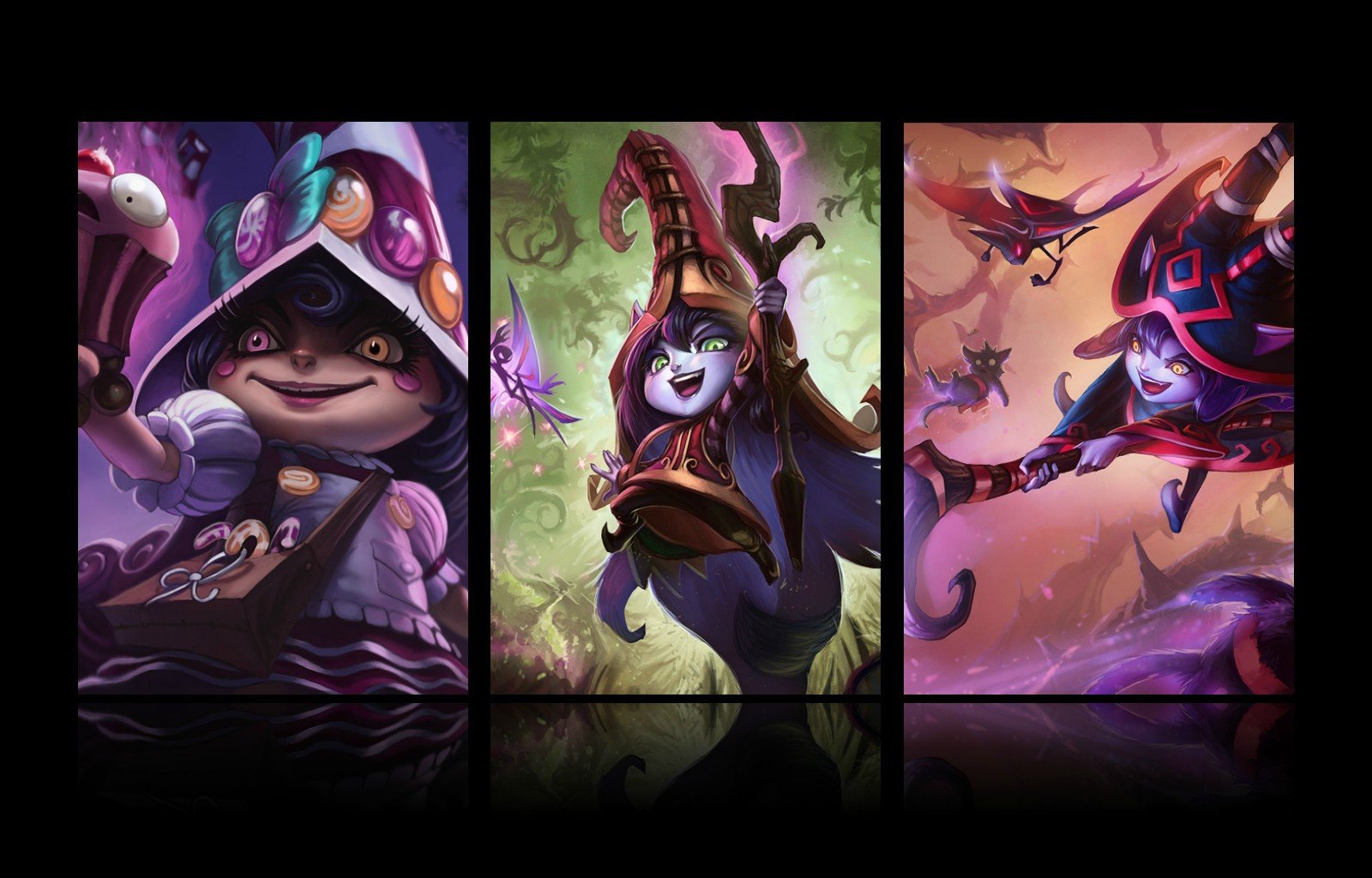 HD PC desktop wallpaper featuring Lulu from the video game League of Legends in three dynamic, colorful poses with magical and whimsical backgrounds.