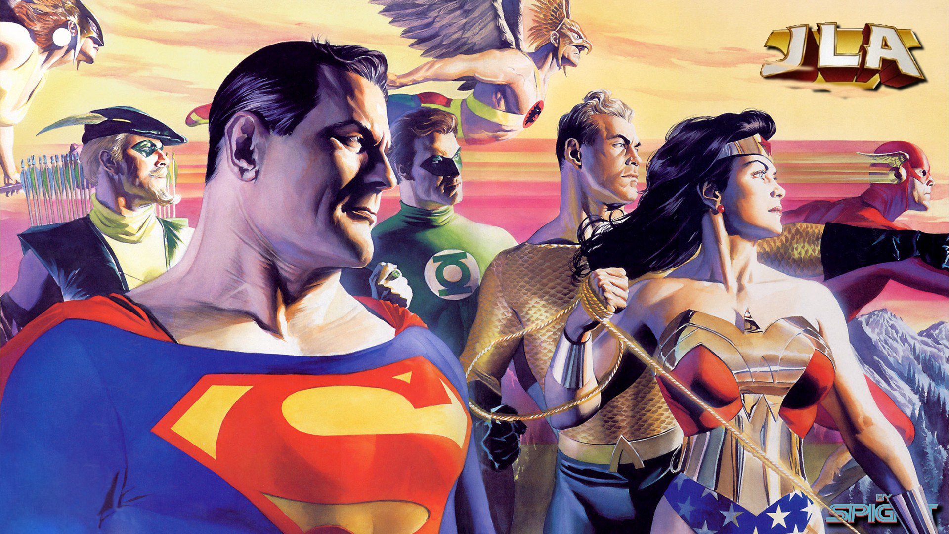 HD desktop wallpaper featuring iconic Justice League members including Superman, Wonder Woman, Aquaman, Green Lantern, Green Arrow, Hawkman, and Hawkgirl in vibrant comic style.