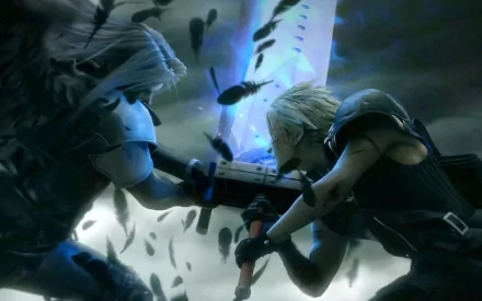 HD desktop wallpaper featuring Cloud Strife and Sephiroth from Final Fantasy VII: Advent Children, depicted in an intense anime-style battle scene.