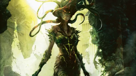 HD fantasy PC wallpaper featuring Medusa, depicted as a dark, powerful figure with glowing eyes and snake-like hair in a mystical, ancient setting.