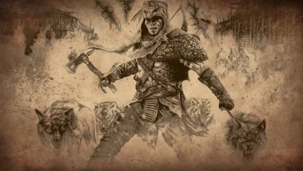 HD desktop wallpaper of Connor from Assassin's Creed III, depicted in a powerful drawing with wolves and a rugged wilderness background, capturing the essence of the Assassin's Creed video game series.