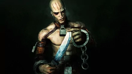 HD PC desktop wallpaper of Victor Zsasz from the video game Batman: Arkham Asylum, scarred and shirtless, gripping a bloodied knife and chained shackle against a dark green background.