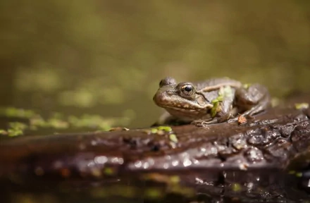 HD desktop wallpaper showing a close-up of a frog resting on a wet log in a natural, green-hued environment.