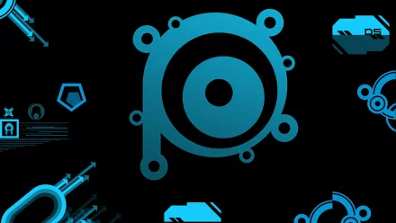 Abstract blue circular motifs and geometric icons on an abstract black background — HD PC desktop wallpaper.
