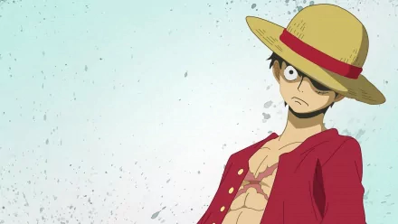HD desktop wallpaper featuring Monkey D. Luffy from the anime One Piece, wearing a straw hat and red vest, standing against a light green, textured background.