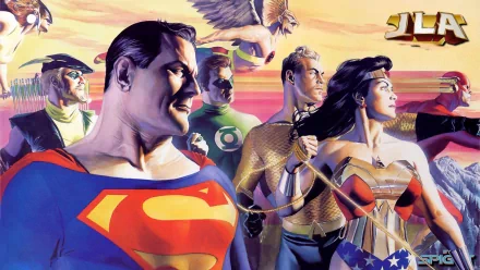 HD desktop wallpaper featuring iconic Justice League members including Superman, Wonder Woman, Aquaman, Green Lantern, Green Arrow, Hawkman, and Hawkgirl in vibrant comic style.