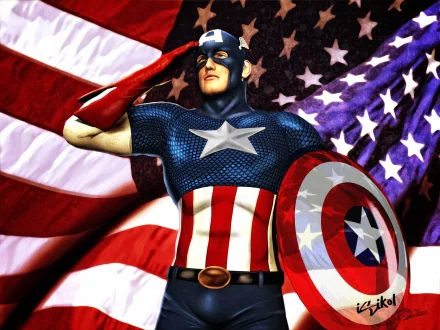 A vibrant HD wallpaper featuring Captain America saluting proudly against a backdrop of the American flag, embodying heroism and patriotism in a striking comic style.