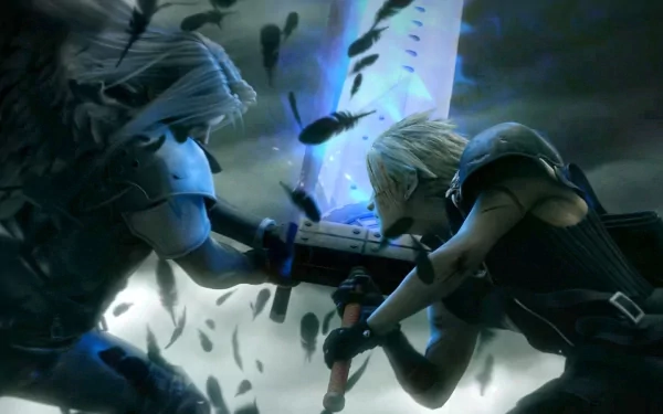 HD desktop wallpaper featuring Cloud Strife and Sephiroth from Final Fantasy VII: Advent Children, depicted in an intense anime-style battle scene.