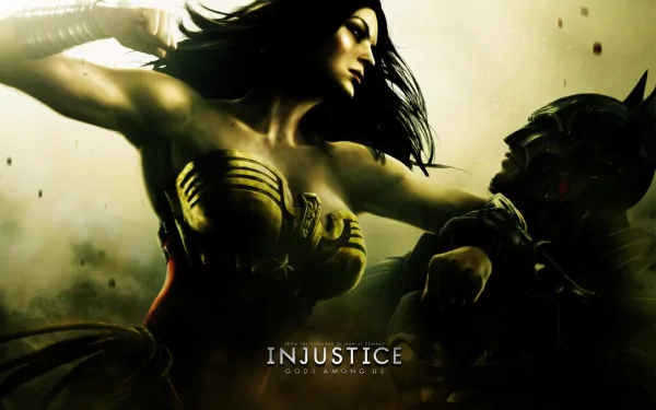 Injustice: Gods Among Us HD PC desktop wallpaper showing Wonder Woman mid-punch against an armored opponent, dramatic green-tinted lighting and dynamic motion.