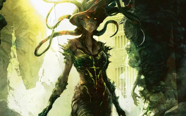 HD fantasy PC wallpaper featuring Medusa, depicted as a dark, powerful figure with glowing eyes and snake-like hair in a mystical, ancient setting.