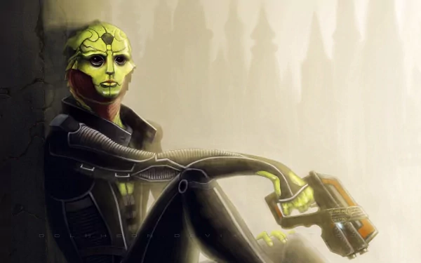 HD PC desktop wallpaper of Thane Krios (Mass Effect): green Drell assassin in dark armor, seated against a misty beige backdrop, holding a handgun.