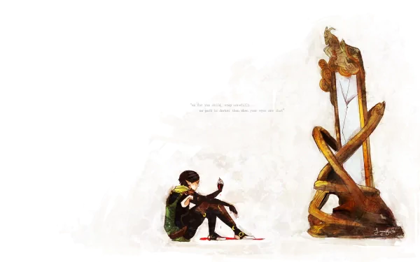 A serene HD wallpaper from Dragon Age II, featuring a character seated beside an intricate, stylized sculpture, evoking themes of reflection and intrigue.