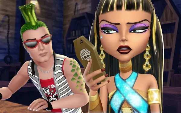 Movie scene from Monster High: Ghouls Rule — two stylized characters in a dim room, Egyptian-inspired girl checking her phone while a green-mohawk punk watches; 5K Ultra HD PC Desktop Wallpaper and Background.