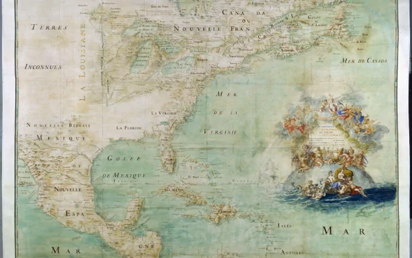 Antique-style map in muted greens and blues with labeled coasts and a decorative maritime cartouche — 4K Ultra HD PC desktop wallpaper/background.