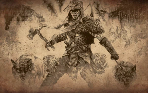HD desktop wallpaper of Connor from Assassin's Creed III, depicted in a powerful drawing with wolves and a rugged wilderness background, capturing the essence of the Assassin's Creed video game series.