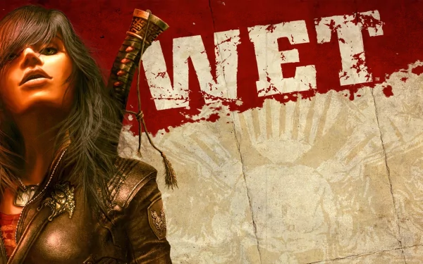 HD PC desktop wallpaper featuring a character from the video game Wet, with a bold red and beige background and the game title prominently displayed.
