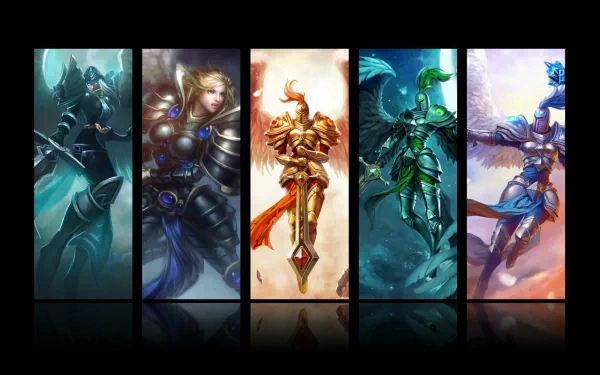 HD PC wallpaper showing five vertical panels of Kayle (League of Legends) in varied armors and winged poses, colorful video game artwork and desktop background.