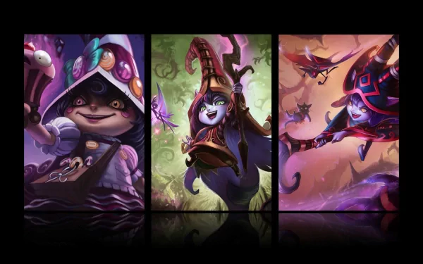 HD PC desktop wallpaper featuring Lulu from the video game League of Legends in three dynamic, colorful poses with magical and whimsical backgrounds.