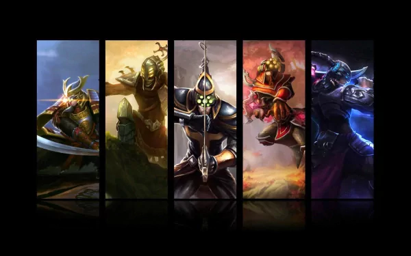 HD PC desktop wallpaper featuring Master Yi from the video game League of Legends in dynamic, multi-panel artwork showcasing different poses and lighting effects.